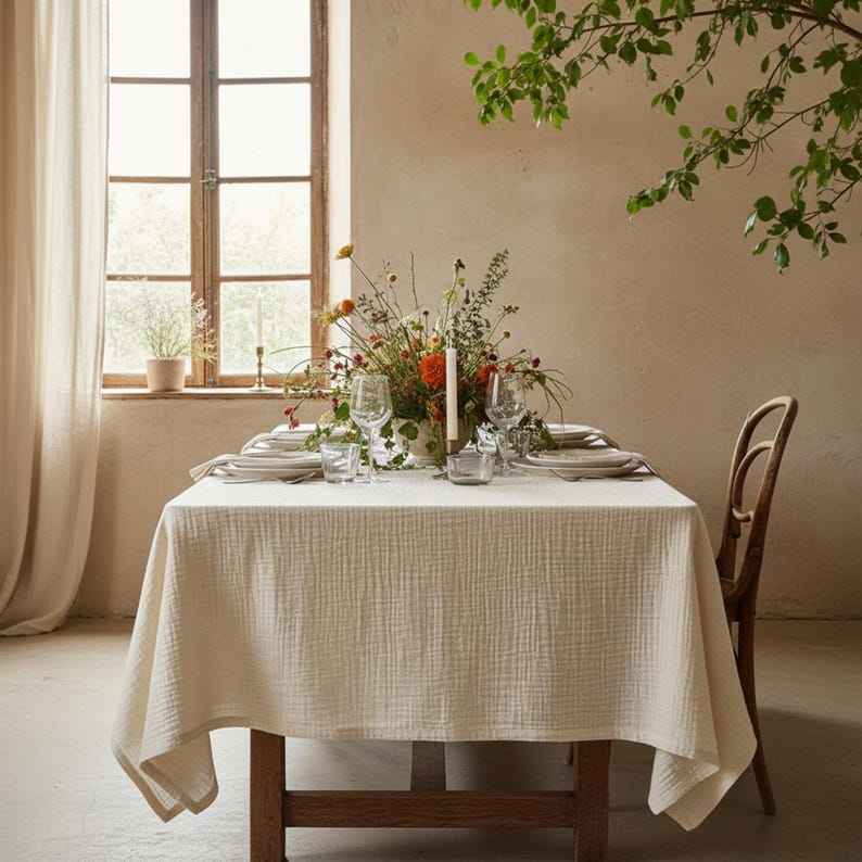 Double-Layer Pleated Cotton Tablecloth, Bohemian Style Kitchen and Dining Room Decoration