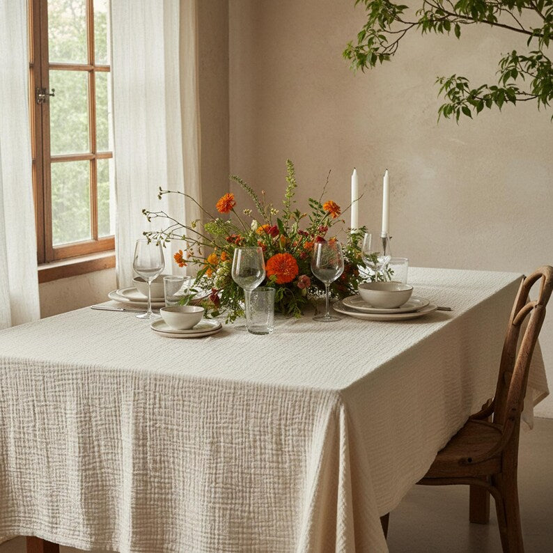 Double-Layer Pleated Cotton Tablecloth, Bohemian Style Kitchen and Dining Room Decoration