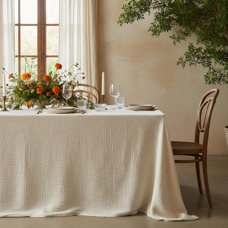 Double-Layer Pleated Cotton Tablecloth, Bohemian Style Kitchen and Dining Room Decoration