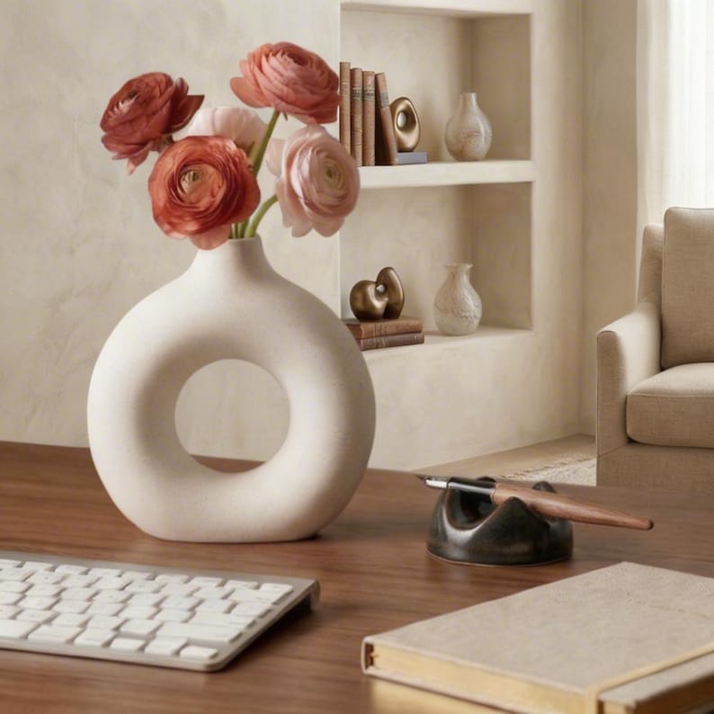 Modern White Ceramic Donut Vase, Minimalist Desktop Home Decor