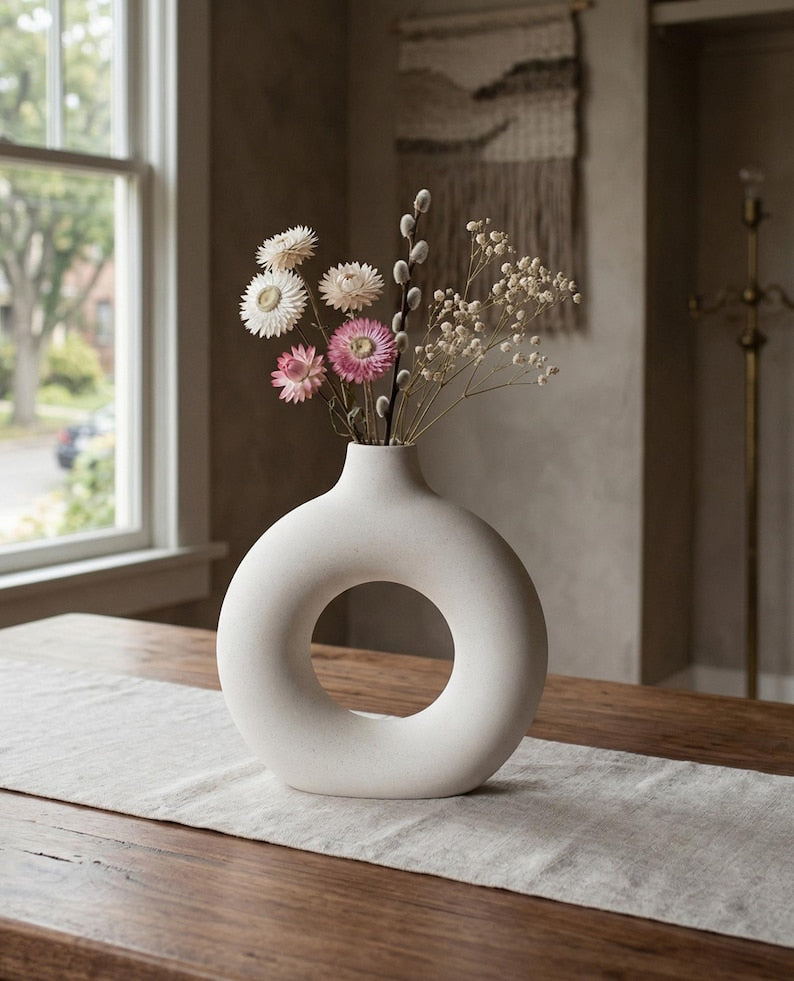 Modern White Ceramic Donut Vase, Minimalist Desktop Home Decor
