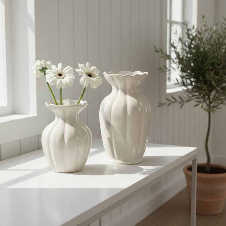 Scallop-patterned ceramic vase, rustic style home decor