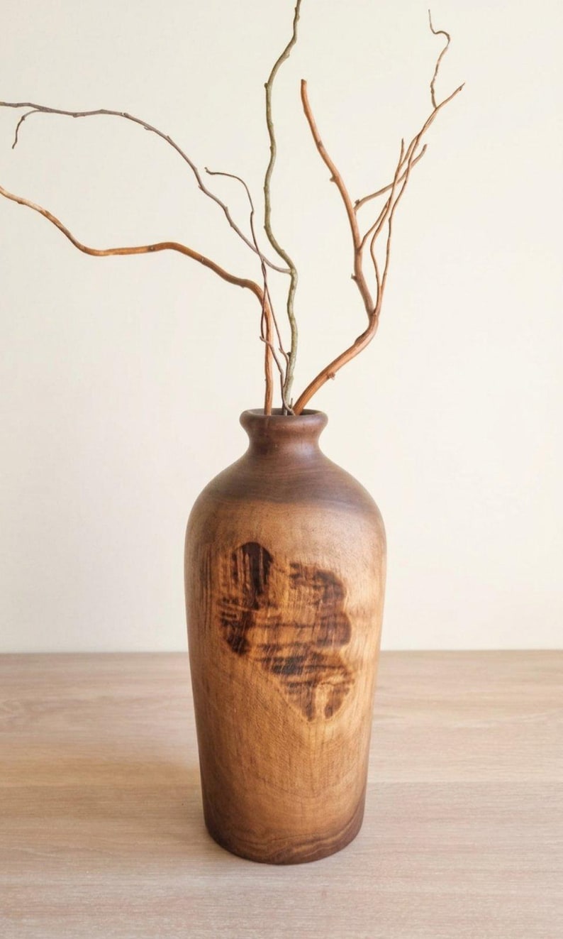 Handmade walnut wood vase, rustic dried flower arrangement