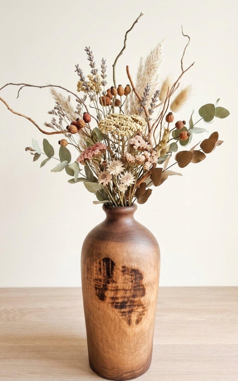 Handmade walnut wood vase, rustic dried flower arrangement