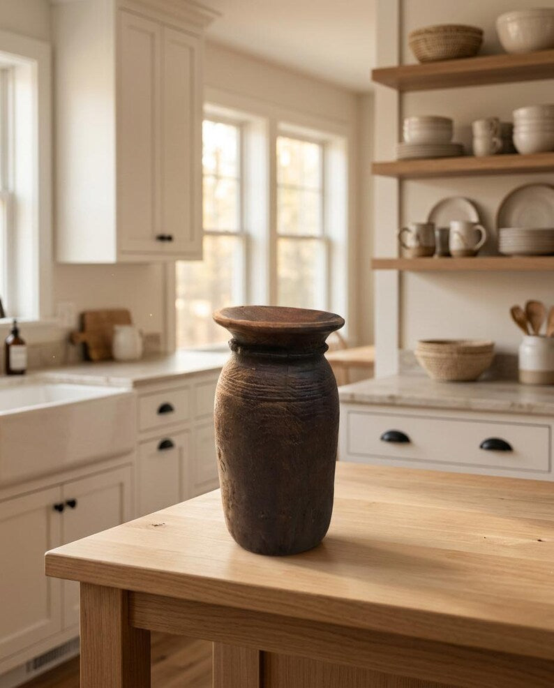 Vintage Acacia Wood Vase, Rustic Handmade Home Decoration Flower Pot