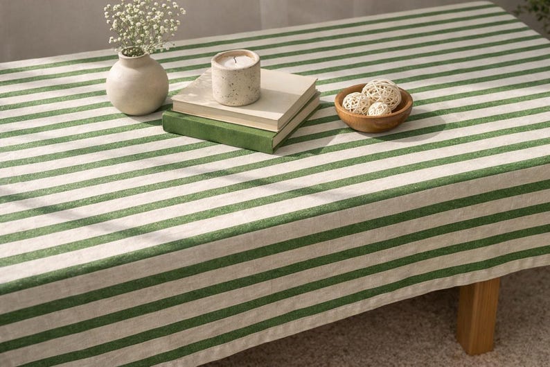 Striped organic linen tablecloth, farmhouse bohemian style dining table decoration