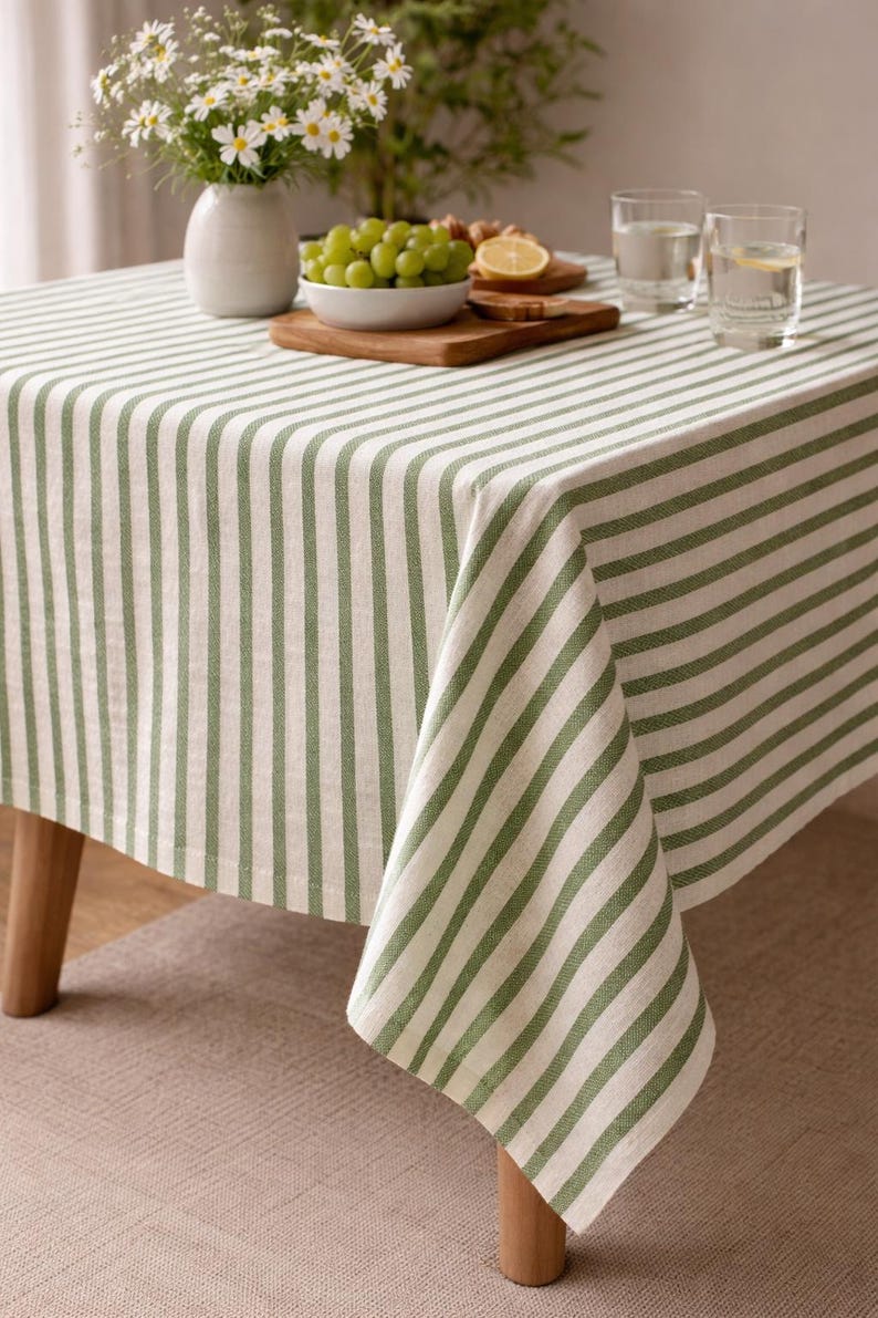 Striped organic linen tablecloth, farmhouse bohemian style dining table decoration