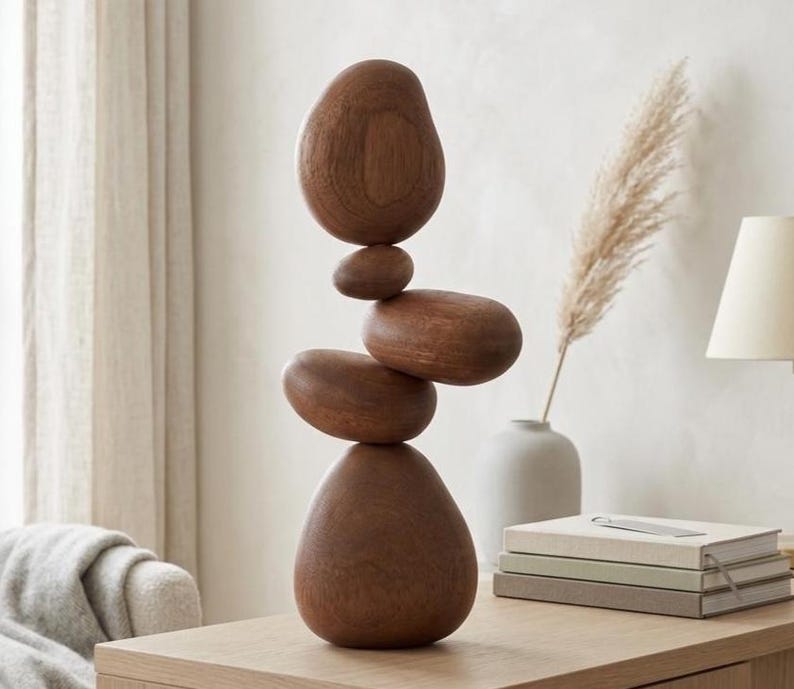 Handmade Wooden Balance Sculpture, Pebble Zen-Inspired Shelf Decoration