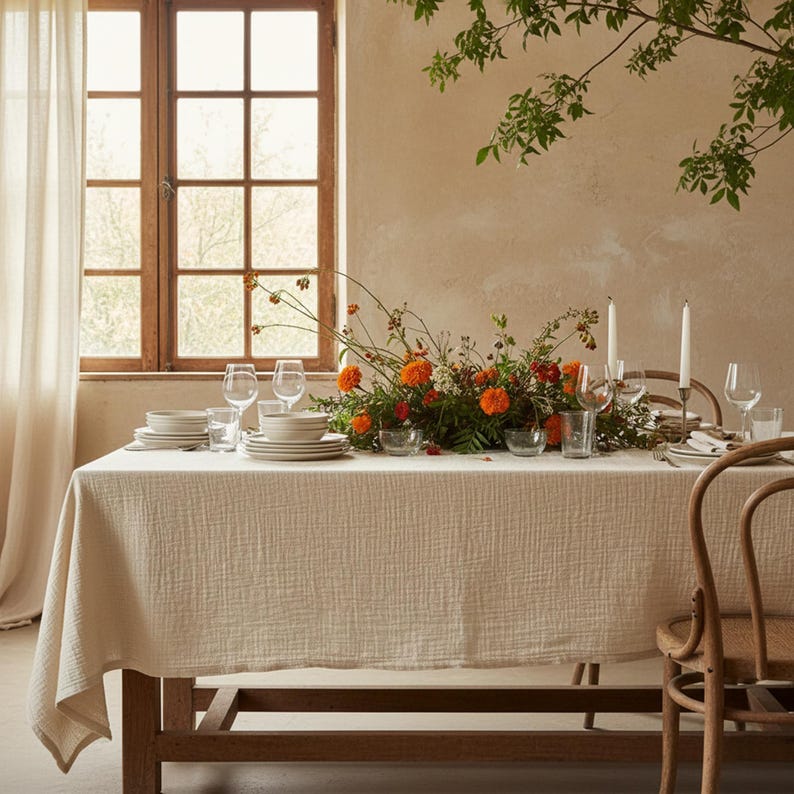 Double-Layer Pleated Cotton Tablecloth, Bohemian Style Kitchen and Dining Room Decoration