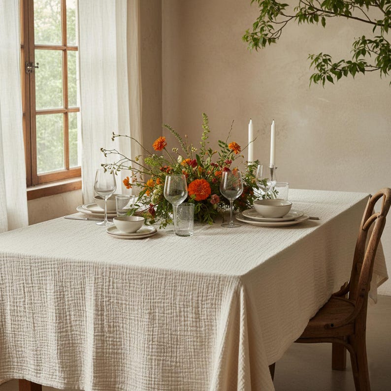 Double-Layer Pleated Cotton Tablecloth, Bohemian Style Kitchen and Dining Room Decoration