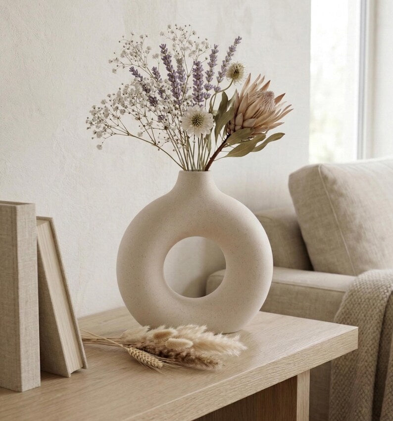 Modern White Ceramic Donut Vase, Minimalist Desktop Home Decor