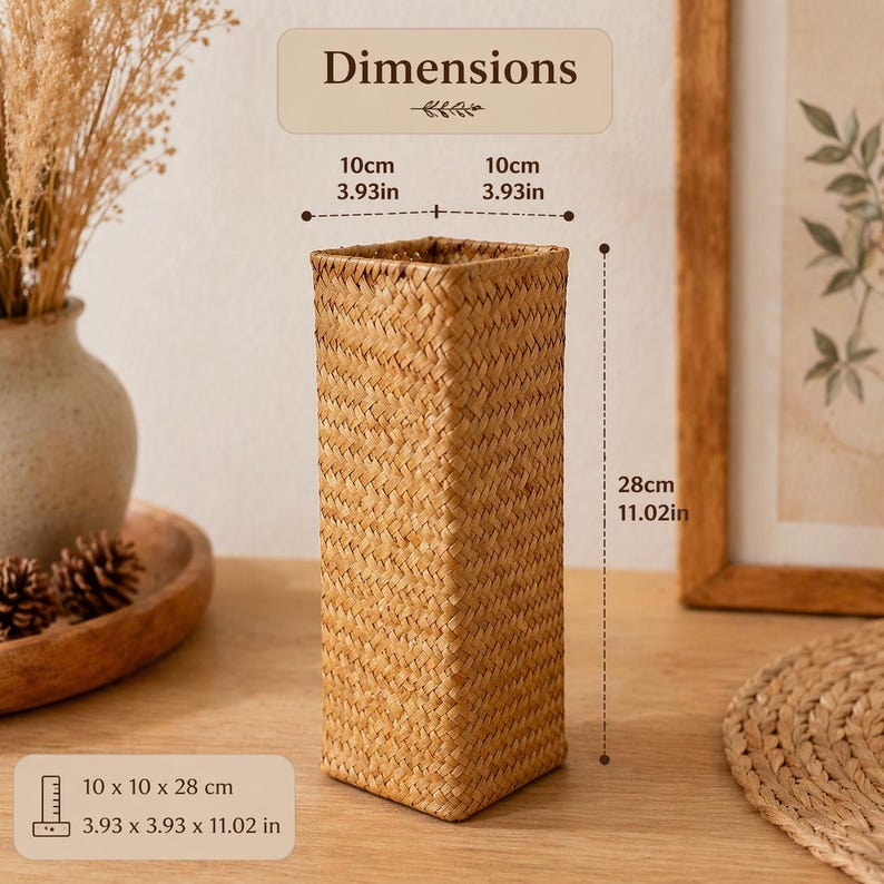 Tall Rectangular Hand-woven Seaweed Vase, Bohemian Farmhouse Dried Flower Stand