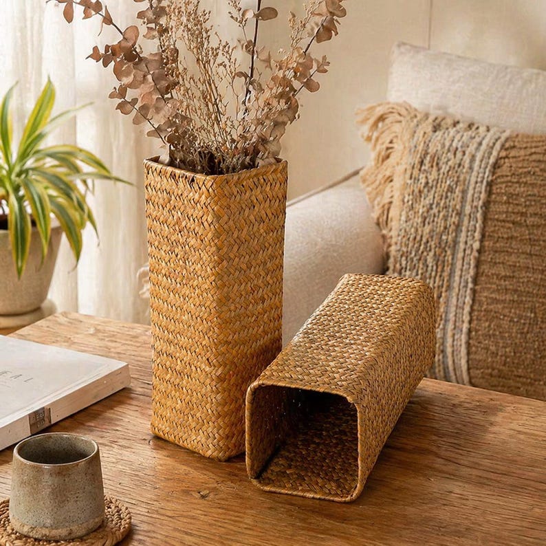 Tall Rectangular Hand-woven Seaweed Vase, Bohemian Farmhouse Dried Flower Stand