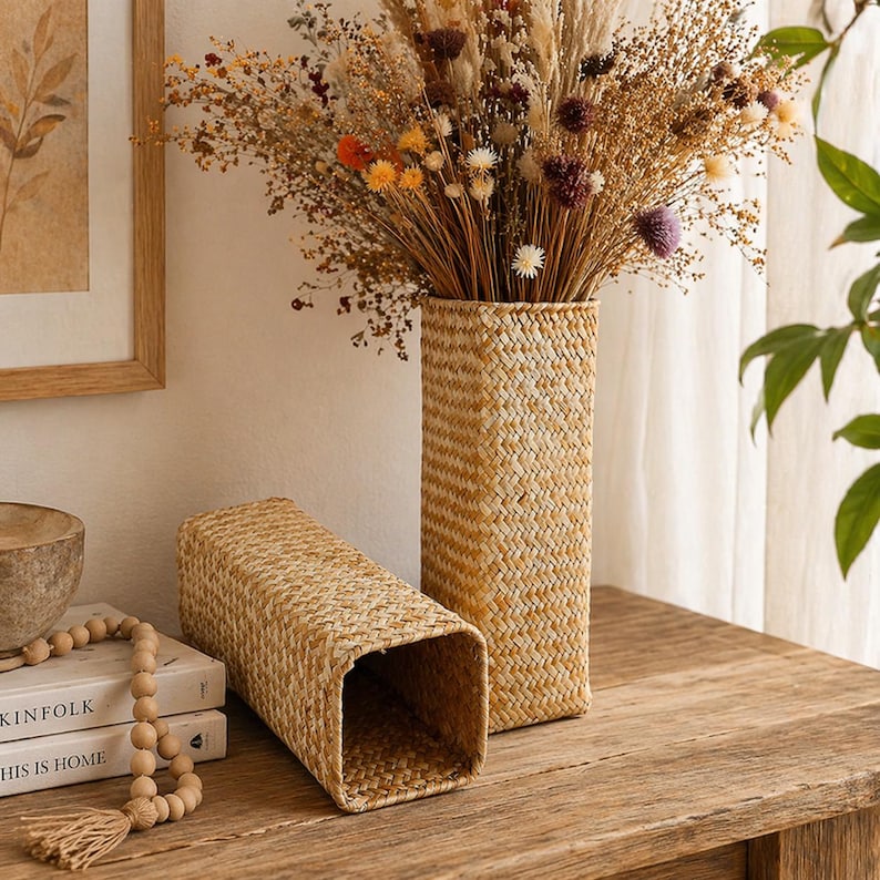 Tall Rectangular Hand-woven Seaweed Vase, Bohemian Farmhouse Dried Flower Stand