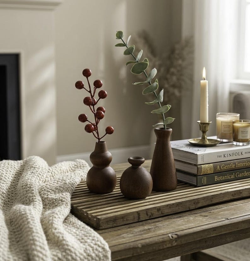 Mini Wooden Vase Set with Rustic Dried Flower