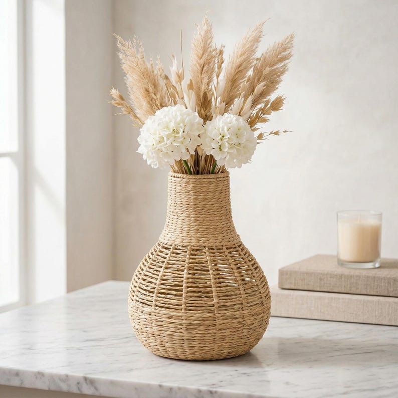 Woven paper vase, open texture, neutral bohemian style home decoration