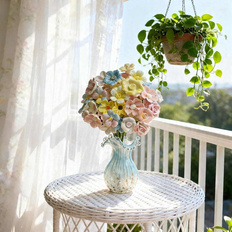 Elegant glass vase with ceramic flowers, home decor