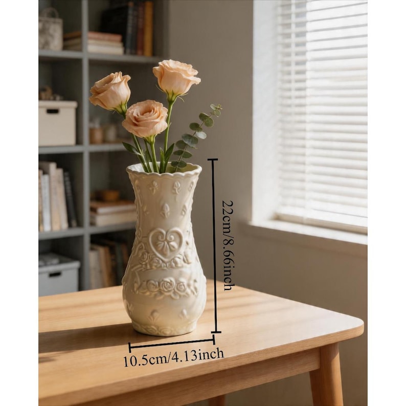 Pink ceramic Porcelain vase with embossed heart pattern and ruffled rim.