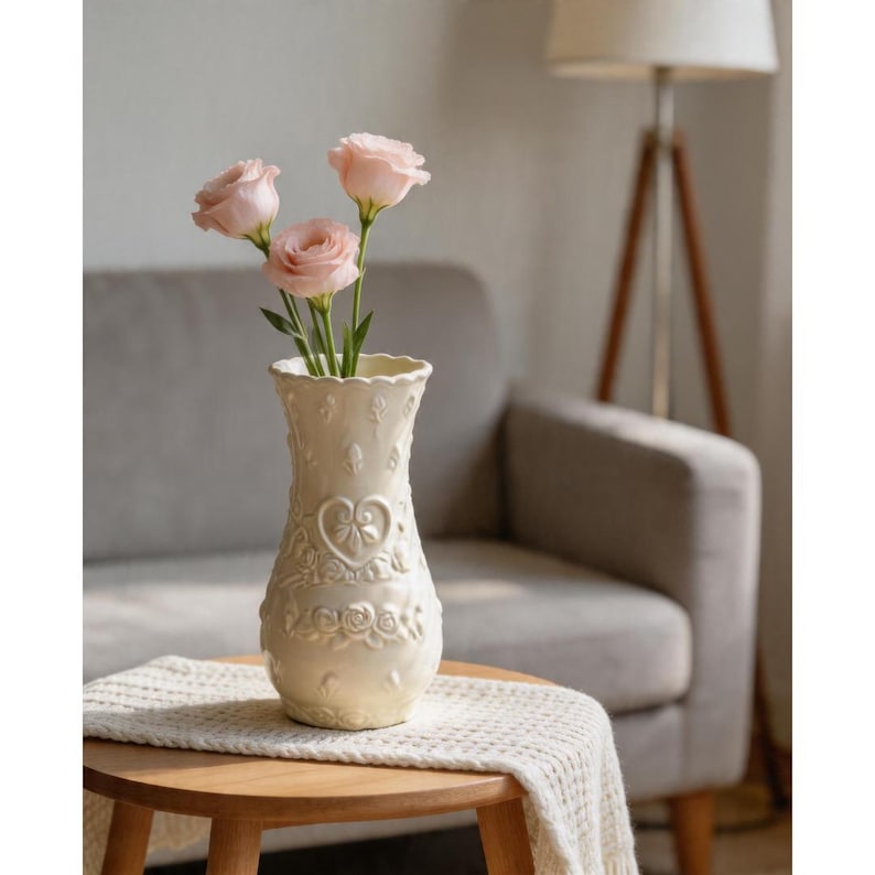Pink ceramic Porcelain vase with embossed heart pattern and ruffled rim.