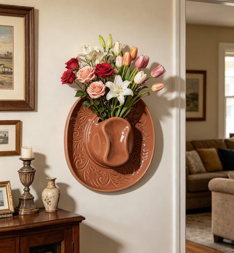 Ceramic cowboy hat wall-mounted vase, country western style vase decoration