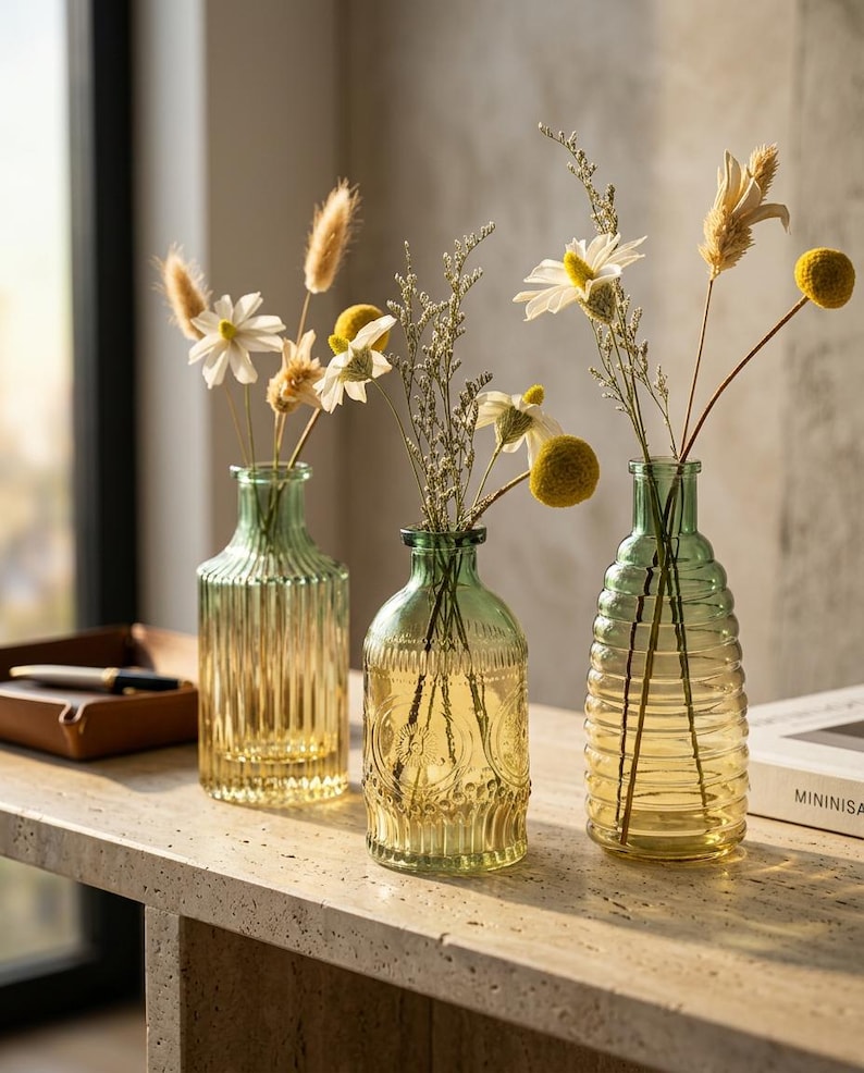 Three-piece set of amber oval blue-green gradient glass vases, modern home floral decoration.