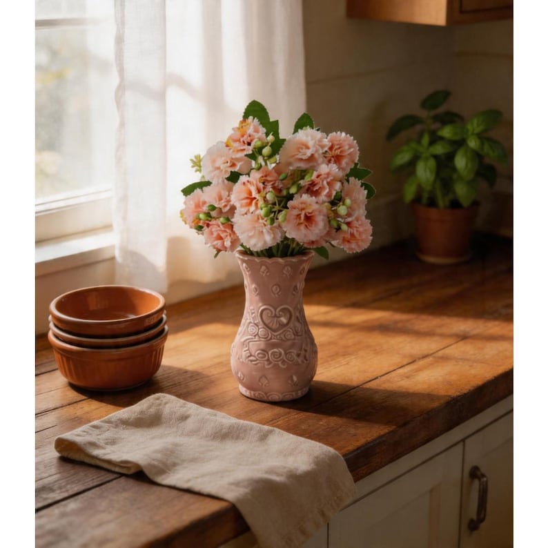 Pink ceramic Porcelain vase with embossed heart pattern and ruffled rim.