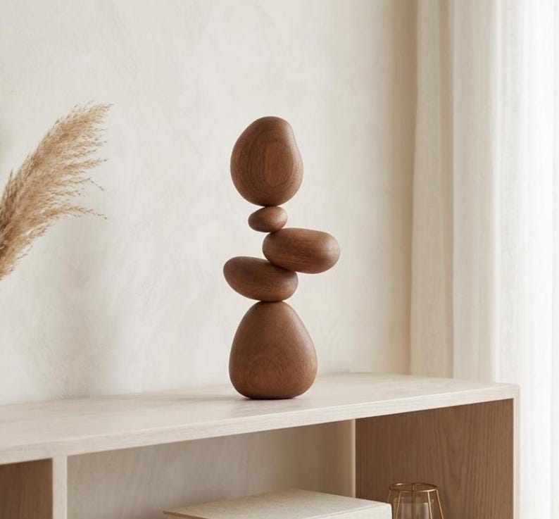 Handmade Wooden Balance Sculpture, Pebble Zen-Inspired Shelf Decoration