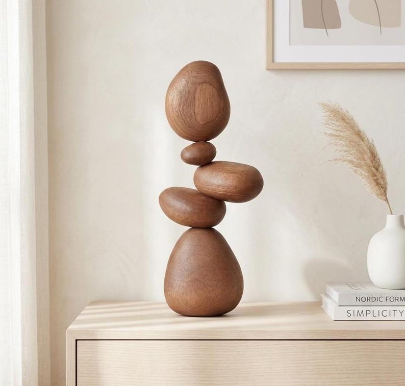 Handmade Wooden Balance Sculpture, Pebble Zen-Inspired Shelf Decoration