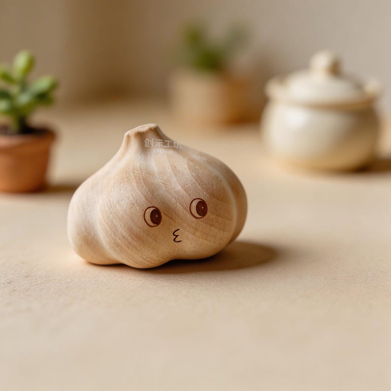 Cute Wooden Garlic Figurine, Rustic Home Decor