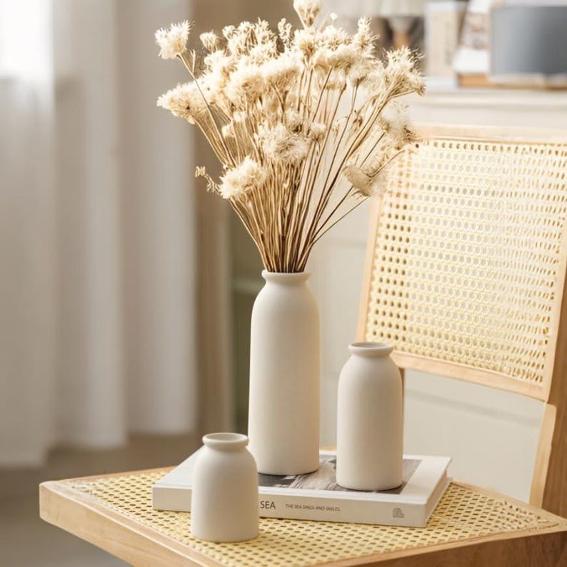 3-Piece Bohemian Style Ceramic Vase Set, Neutral Tones, Reed Stand Desktop Decoration