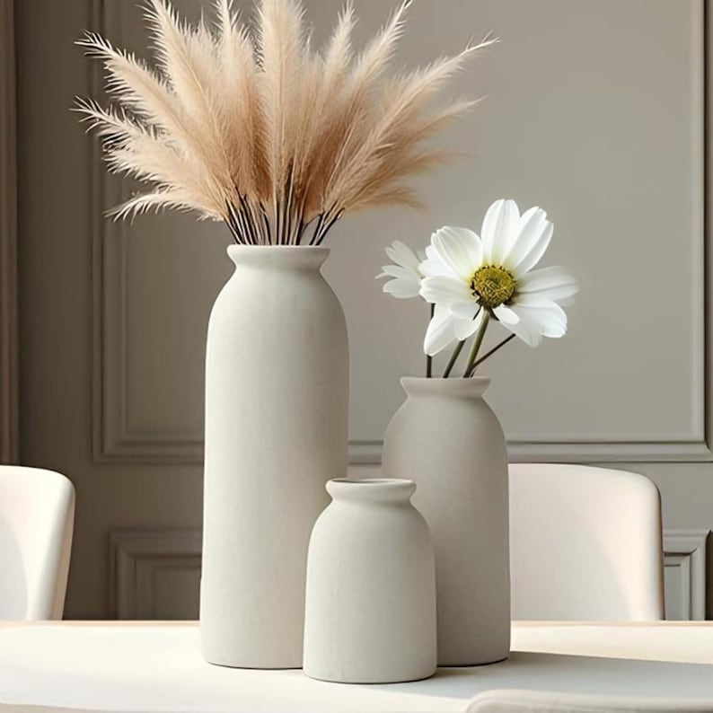 3-Piece Bohemian Style Ceramic Vase Set, Neutral Tones, Reed Stand Desktop Decoration