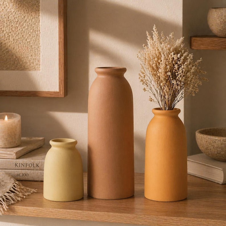 3-Piece Bohemian Style Ceramic Vase Set, Neutral Tones, Reed Stand Desktop Decoration