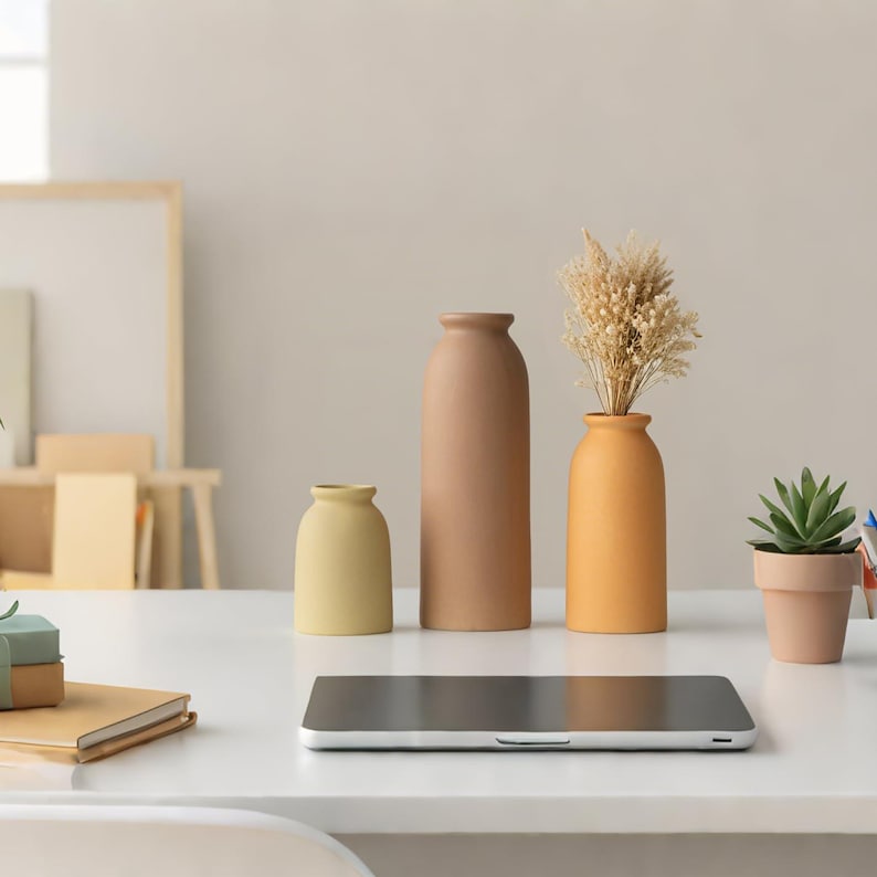 3-Piece Bohemian Style Ceramic Vase Set, Neutral Tones, Reed Stand Desktop Decoration