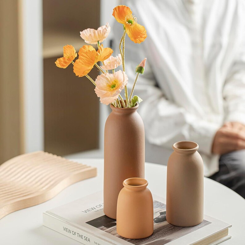 3-Piece Bohemian Style Ceramic Vase Set, Neutral Tones, Reed Stand Desktop Decoration