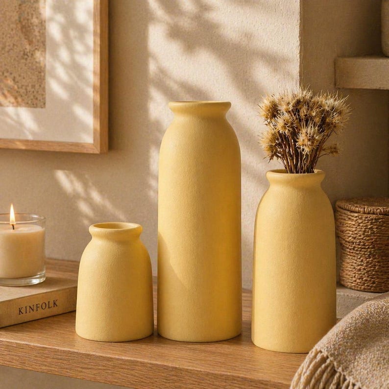 3-Piece Bohemian Style Ceramic Vase Set, Neutral Tones, Reed Stand Desktop Decoration