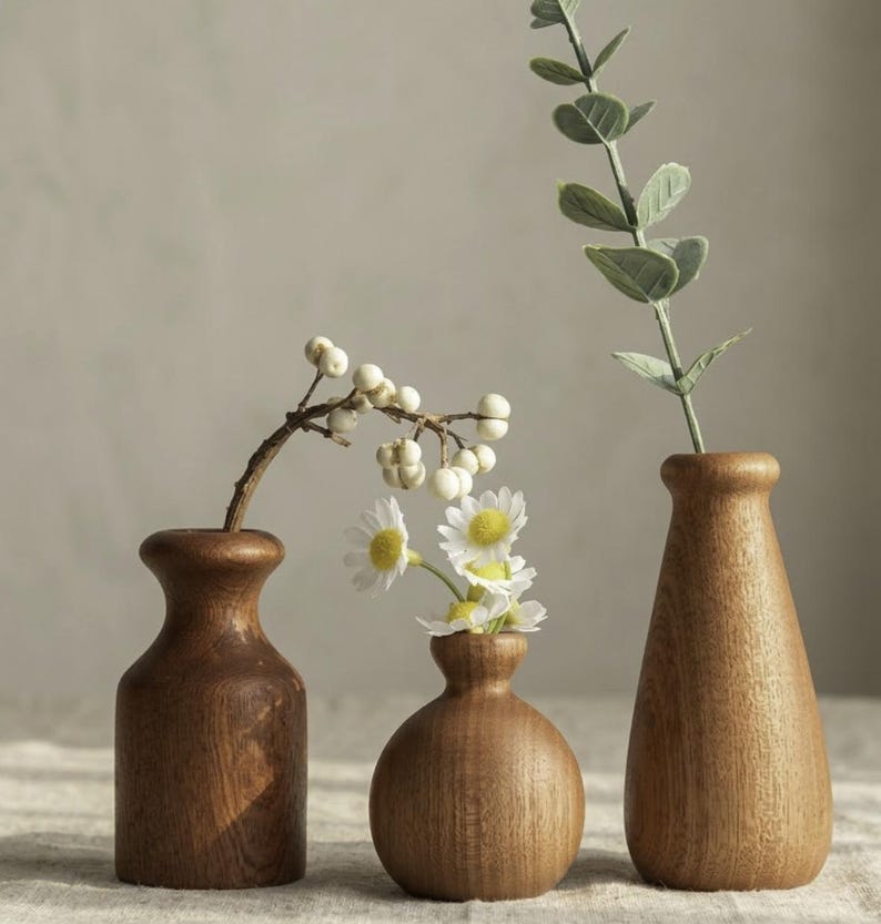 Mini Wooden Vase Set with Rustic Dried Flower