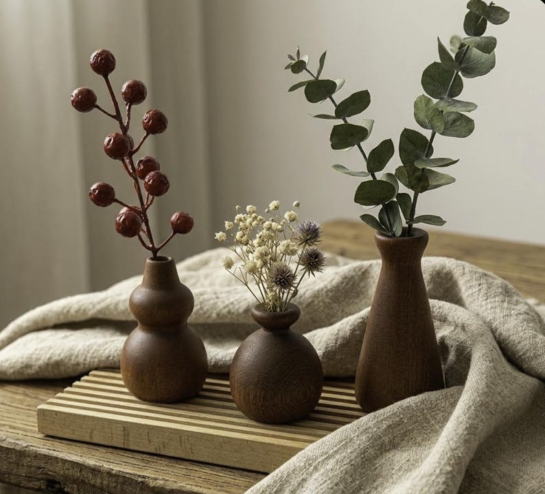 Mini Wooden Vase Set with Rustic Dried Flower