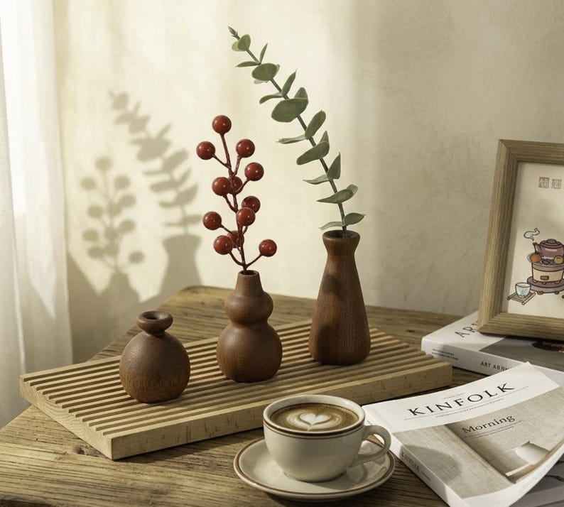 Mini Wooden Vase Set with Rustic Dried Flower