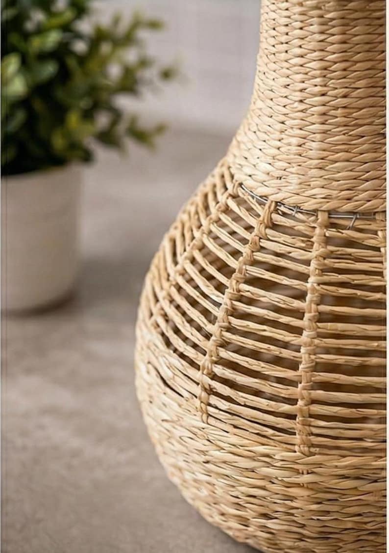 Woven paper vase, open texture, neutral bohemian style home decoration