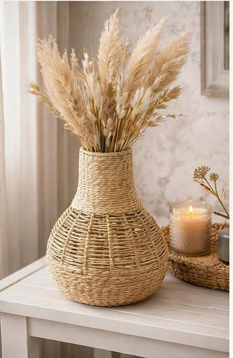 Woven paper vase, open texture, neutral bohemian style home decoration