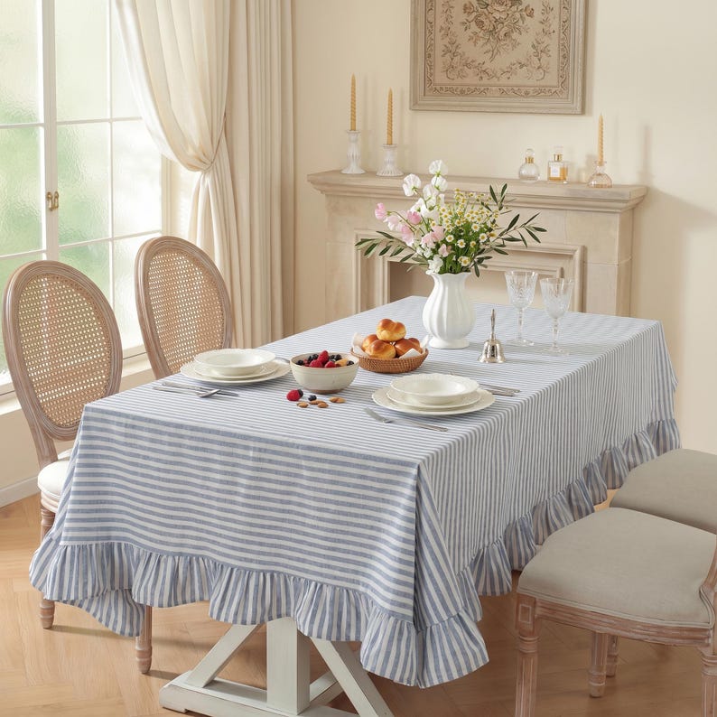 Striped pleated tablecloth, farmhouse style dining room and kitchen decoration