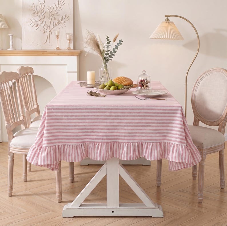 Striped pleated tablecloth, farmhouse style dining room and kitchen decoration