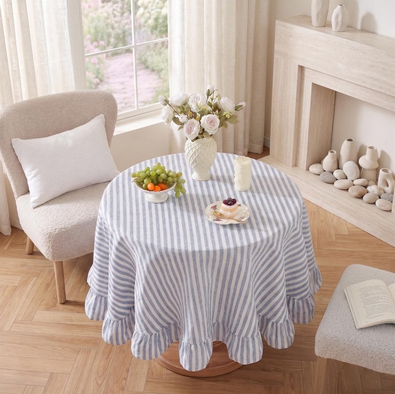 Striped pleated tablecloth, farmhouse style dining room and kitchen decoration