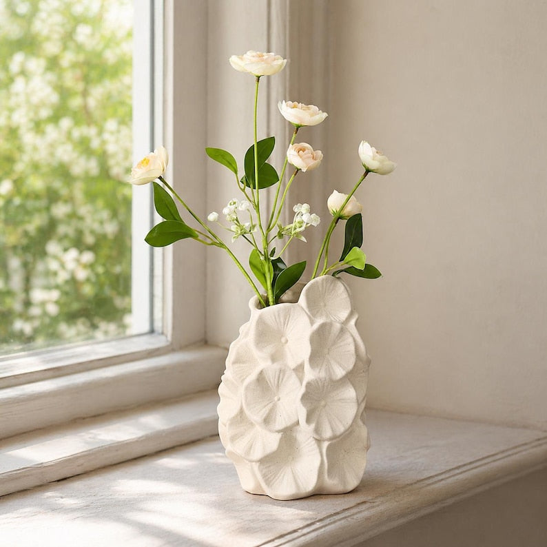 Textured White Ceramic Vase Set, Unique Home Decor Artwork