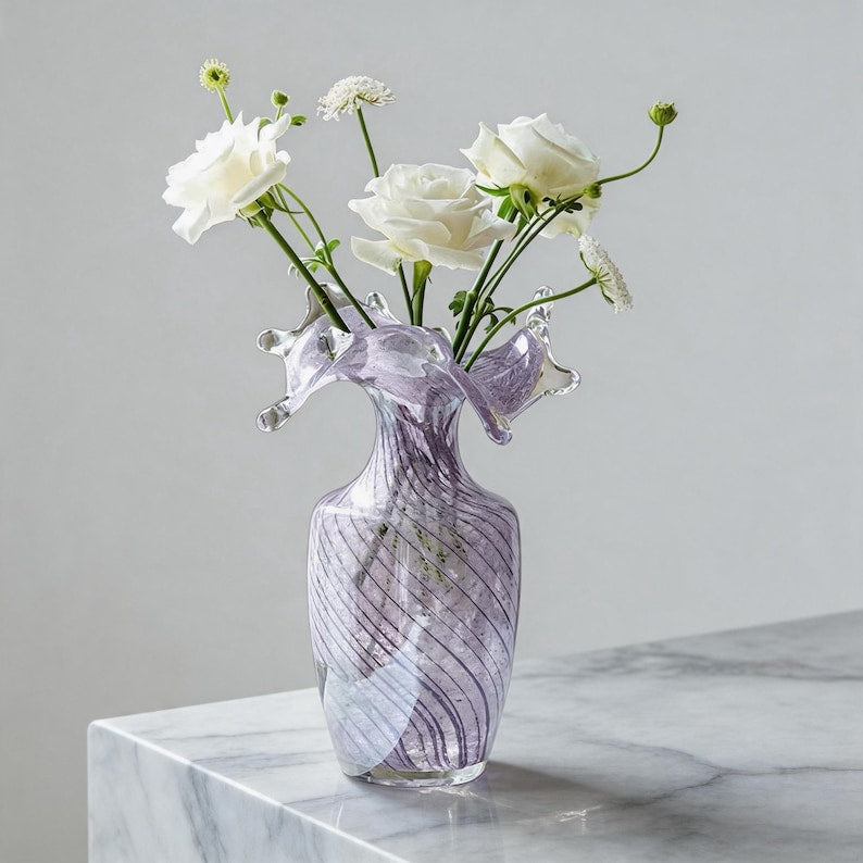 Lavender French glass vase with teardrop-shaped rim, elegant living room home decor
