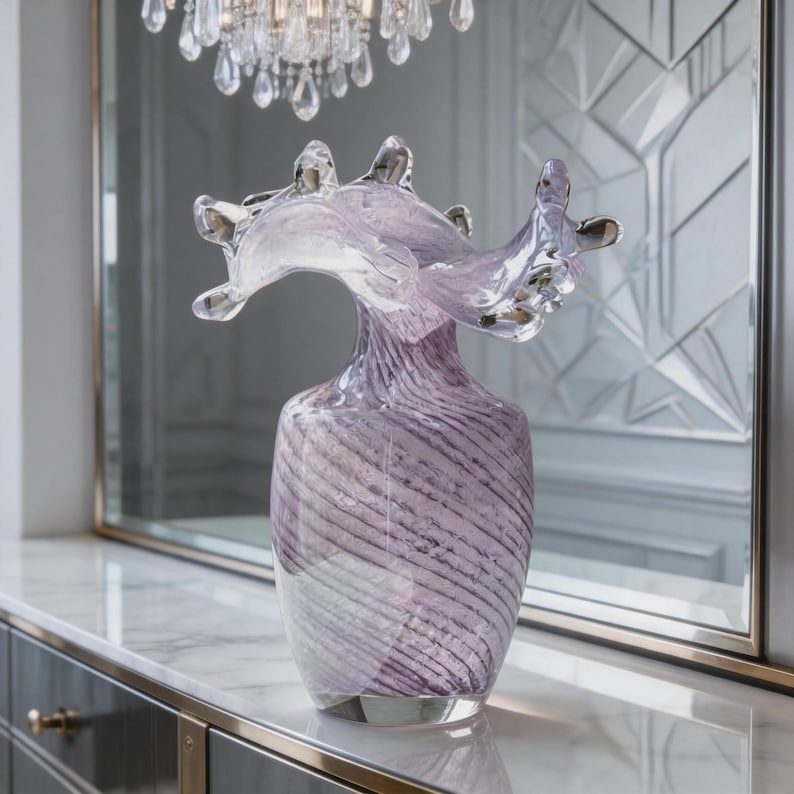 Lavender French glass vase with teardrop-shaped rim, elegant living room home decor