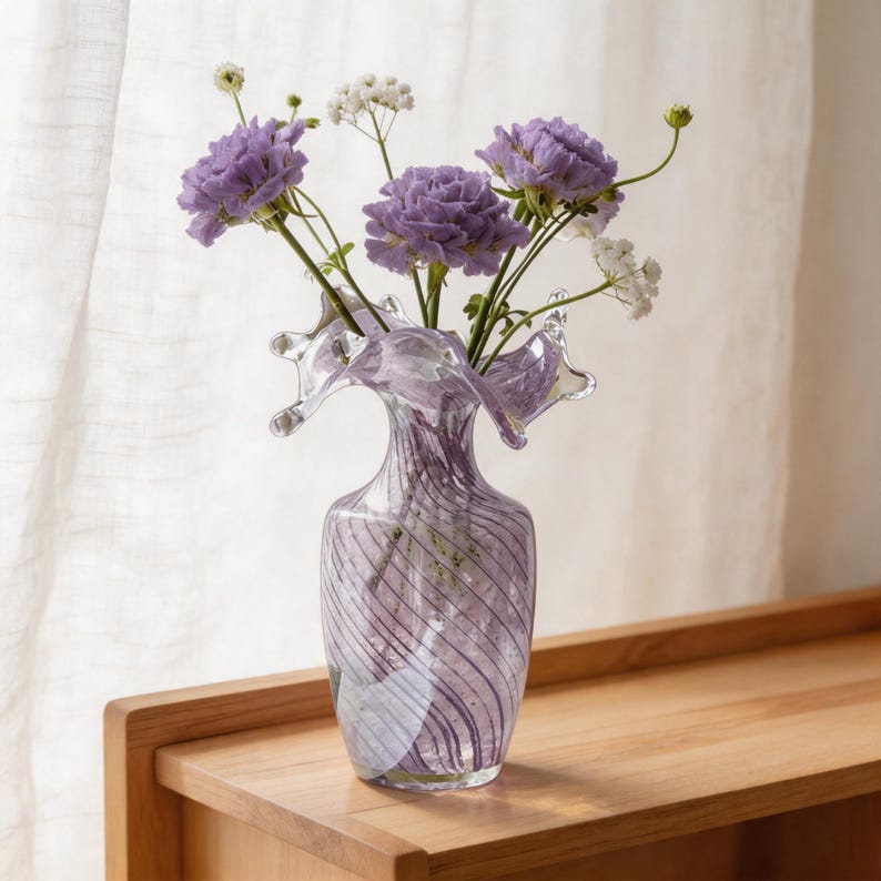 Lavender French glass vase with teardrop-shaped rim, elegant living room home decor