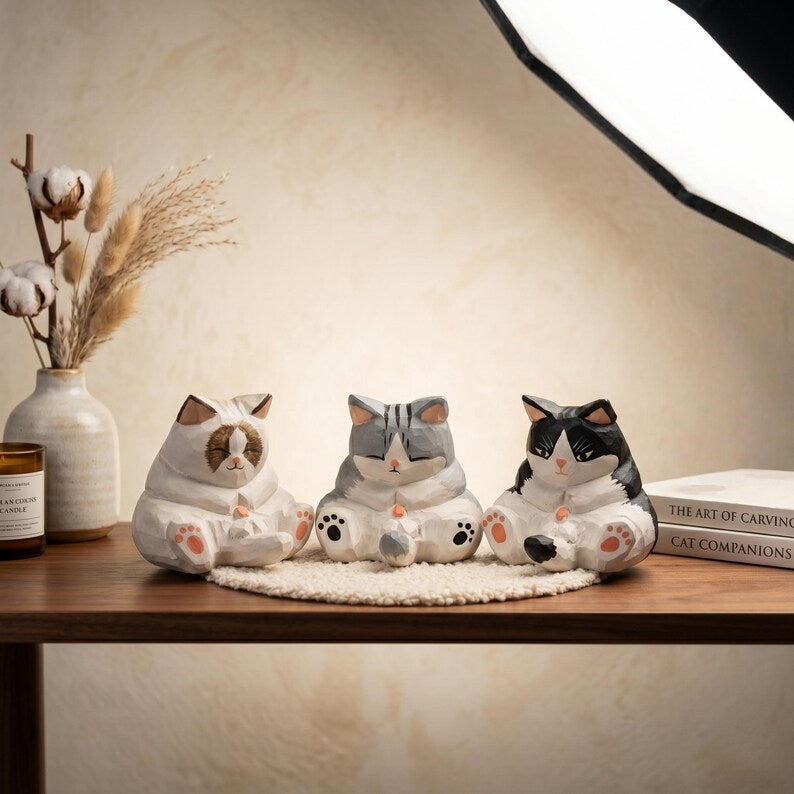 Fun chubby wooden cat figurine, desktop home decoration.