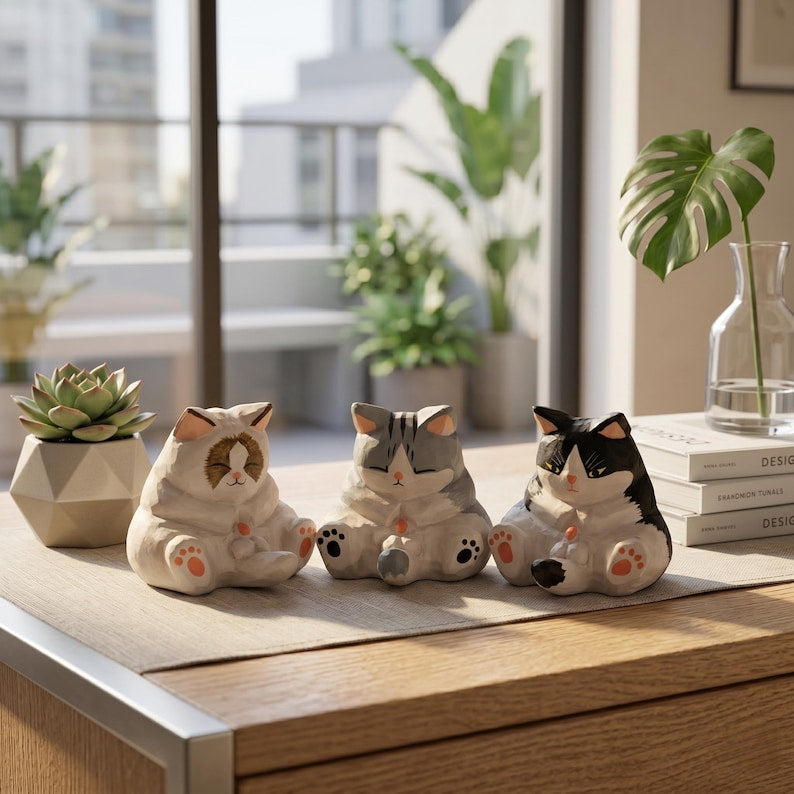Fun chubby wooden cat figurine, desktop home decoration.