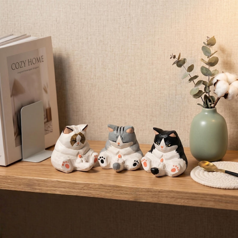 Fun chubby wooden cat figurine, desktop home decoration.
